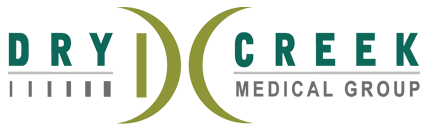 Dry Creek Logo, it features a pair of curved green lines facing away from eachother, a horizontal line passing through the center, and the words dry creek medical center